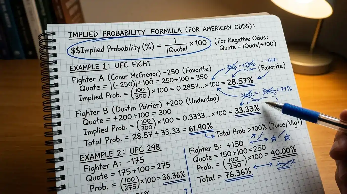 Formel zur Umrechnung von MMA-Wettquoten in Implied Probability mit Berechnungsbeispielen für UFC-Kämpfe