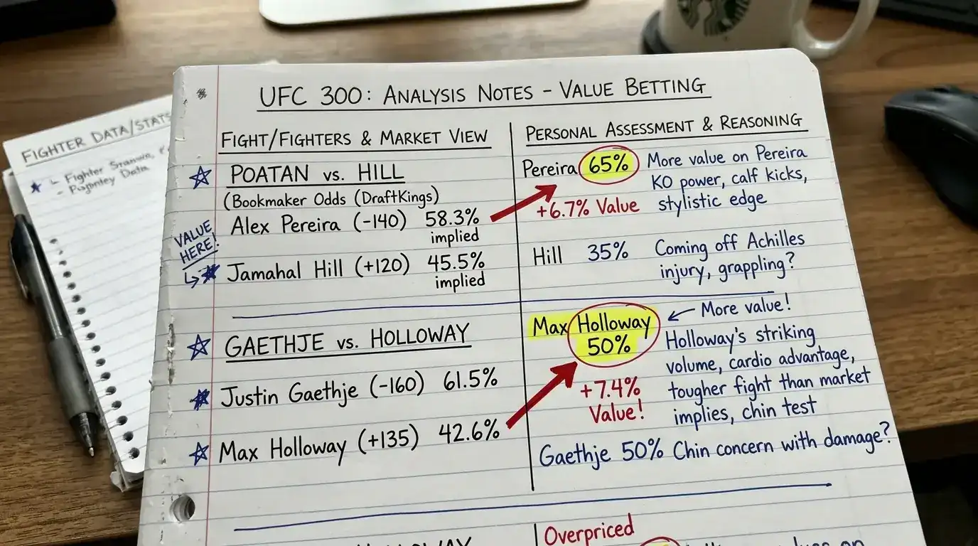 Value Bet bei UFC-Kämpfen identifizieren: Vergleich eigener Wahrscheinlichkeitseinschätzung mit Implied Probability des Buchmachers