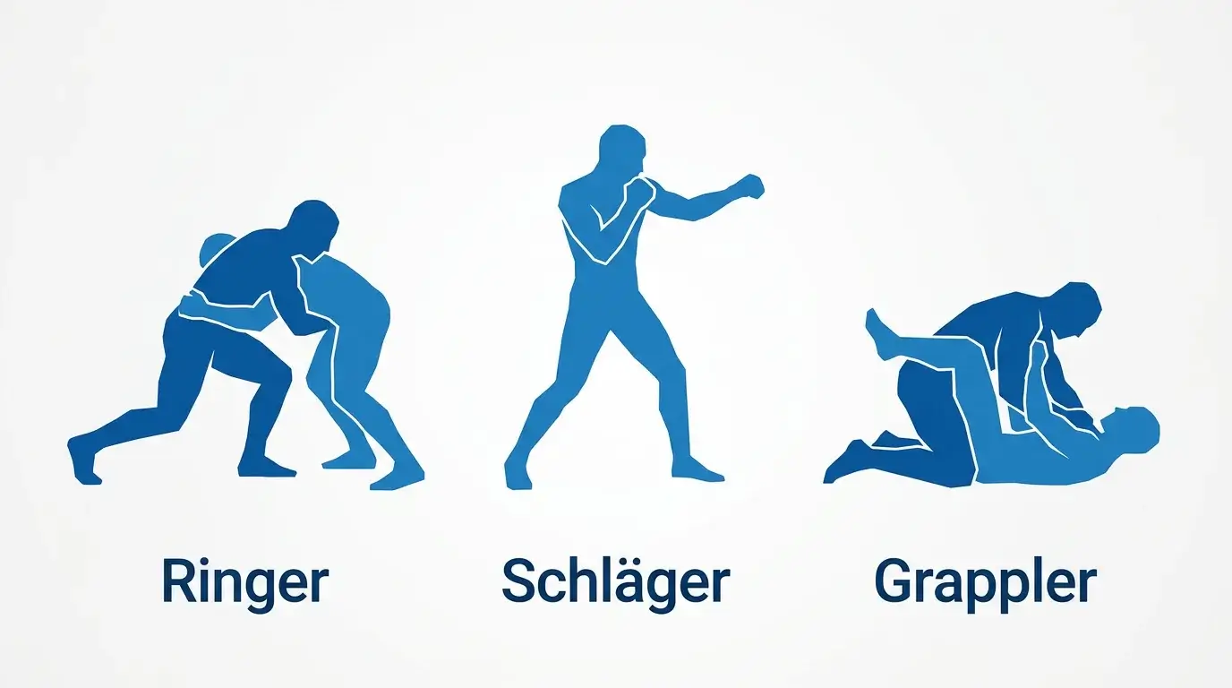 Grafische Darstellung der drei MMA-Kampfstile Ringer, Schläger und Grappler mit Stärken-Profilen