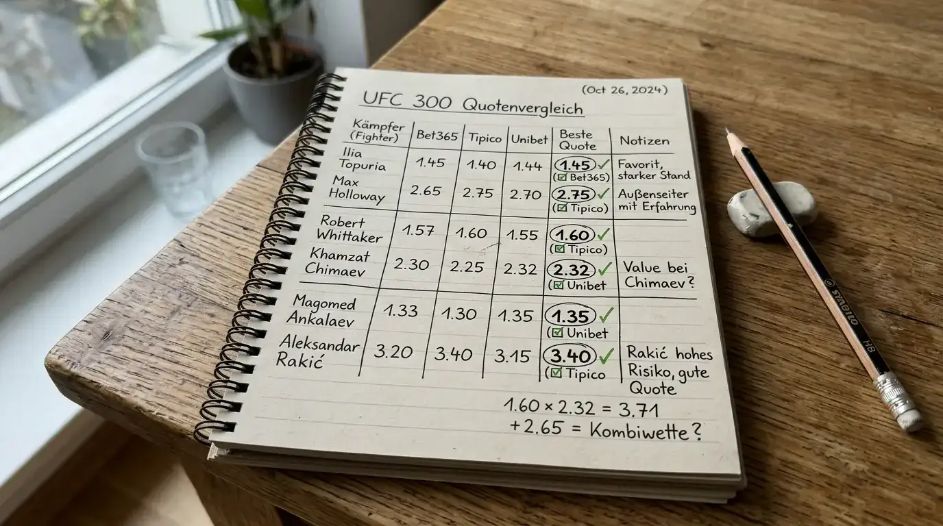 Line Shopping Grundlagen bei MMA-Wetten: Quotenvergleich zwischen drei Buchmachers für denselben UFC-Kämpfer