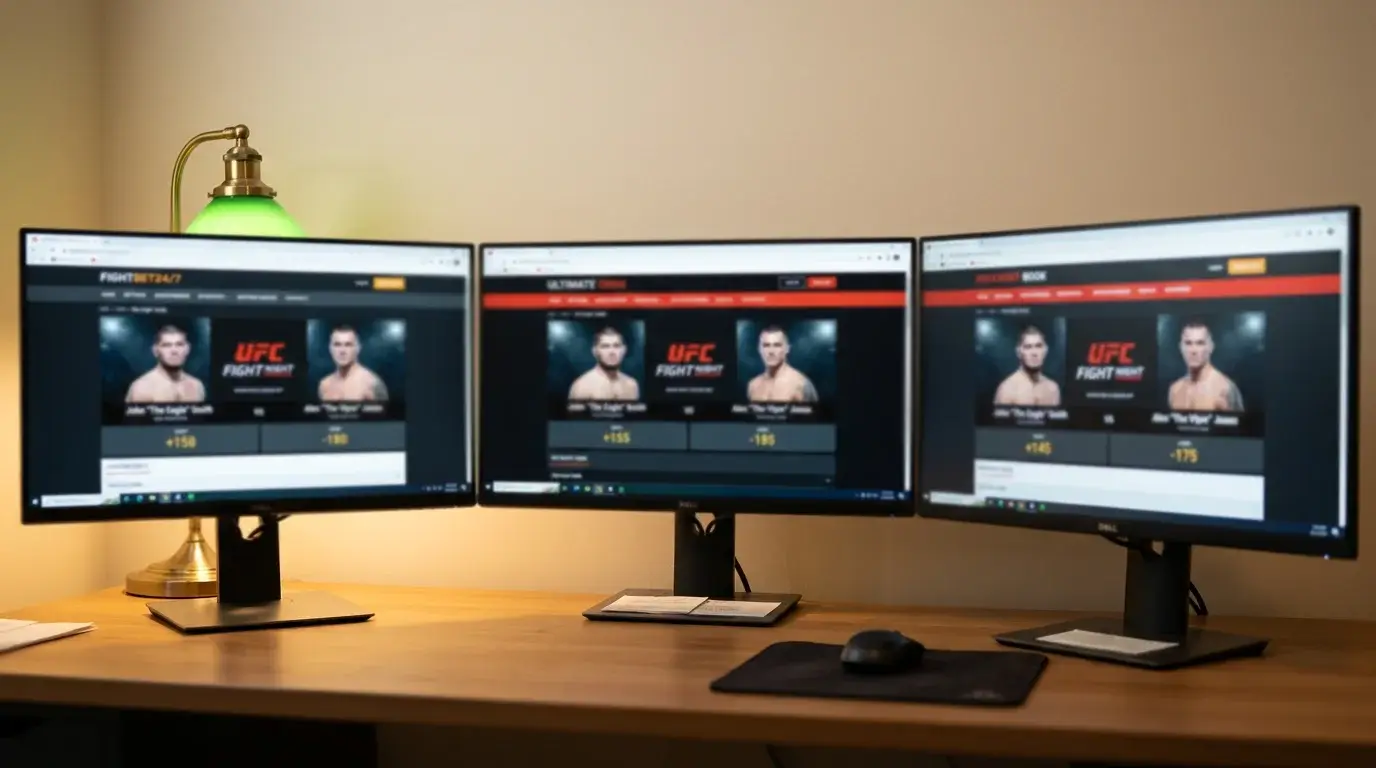 MMA Line Shopping: Quotenvergleich über mehrere Buchmacher für einen UFC-Kampf auf drei Bildschirmen