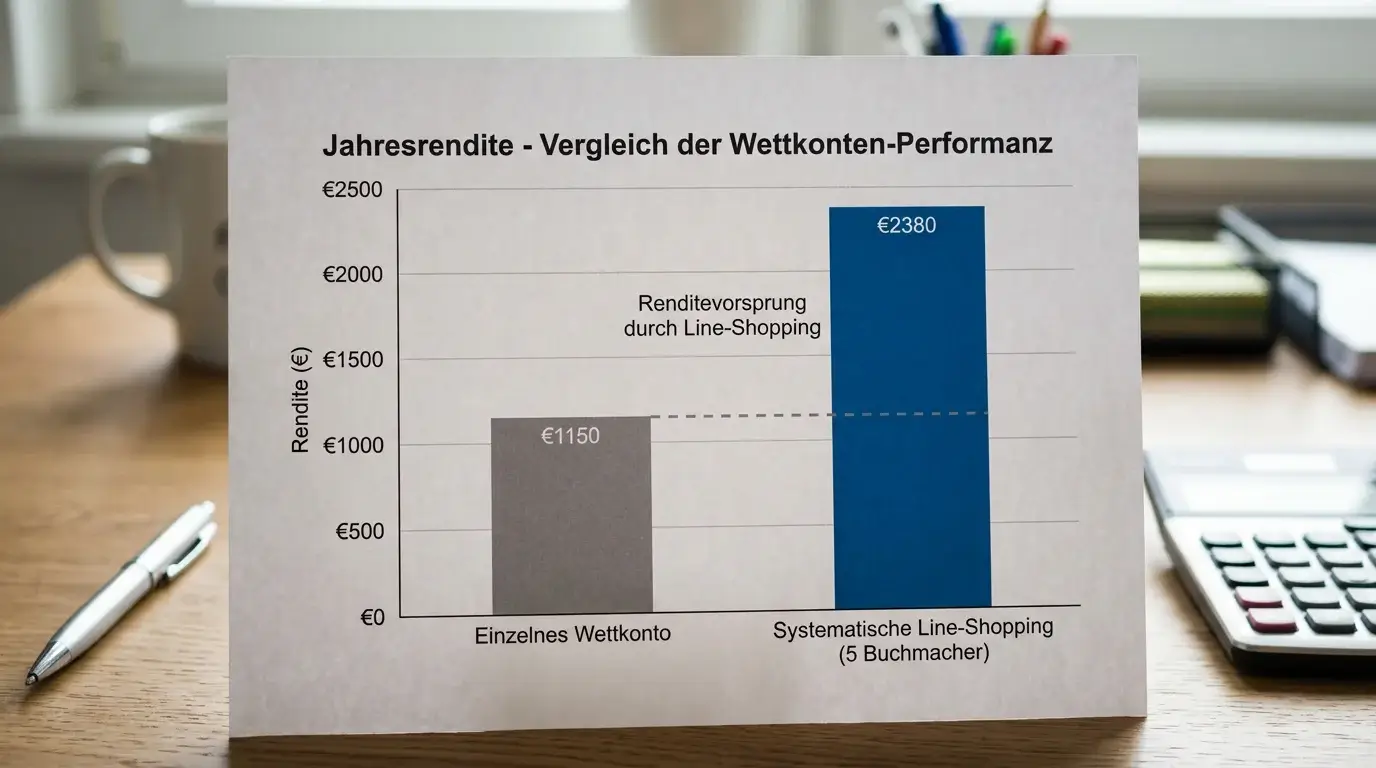 Renditevorsprung durch systematisches MMA Line Shopping im Jahresvergleich zwischen einem und fünf Buchmachers
