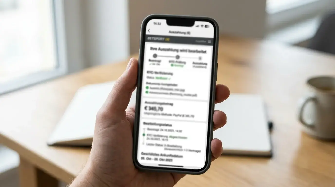 Auszahlungsbearbeitung bei einem MMA-Wettanbieter mit KYC-Verifizierung und Bearbeitungsstatus