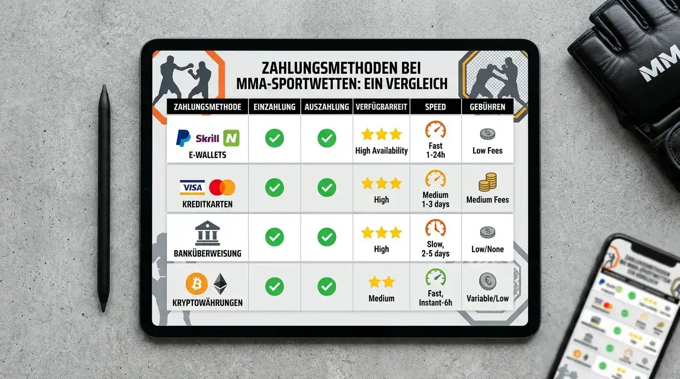 Übersicht der Zahlungsmethoden bei MMA-Wettanbietern mit Einzahlungs- und Auszahlungsoptionen