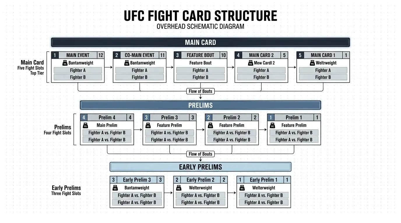 Gesamtstrategie für UFC Fight Card Wetten mit systematischer Analyse aller Kämpfe von Early Prelims bis Main Event