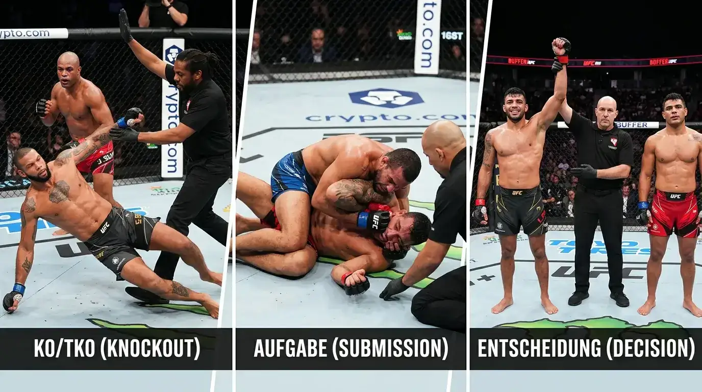 Übersicht der UFC-Siegmethoden: KO, TKO, Submission und Punktsieg mit typischen Quotenranges