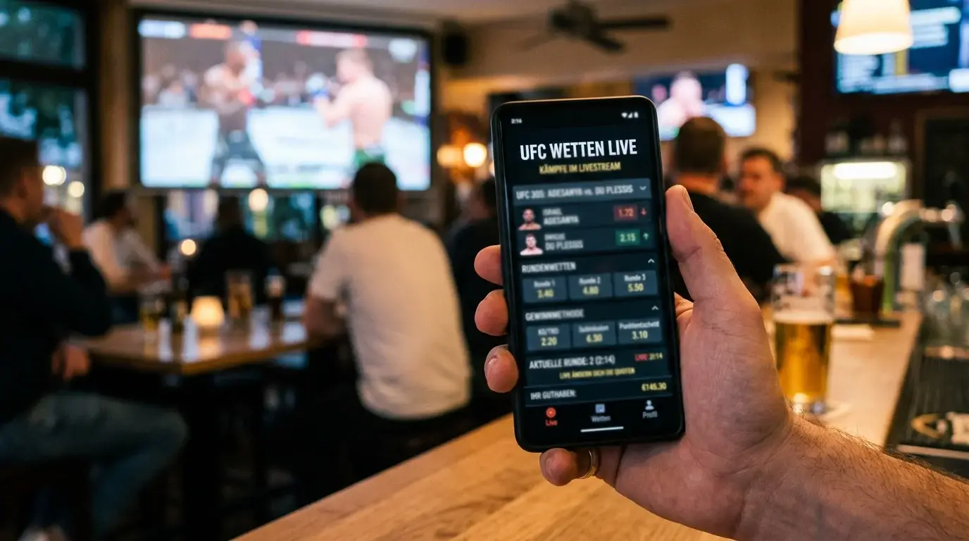 Smartphone mit geöffneter UFC Wetten App zeigt Live-Quoten für MMA-Kämpfe