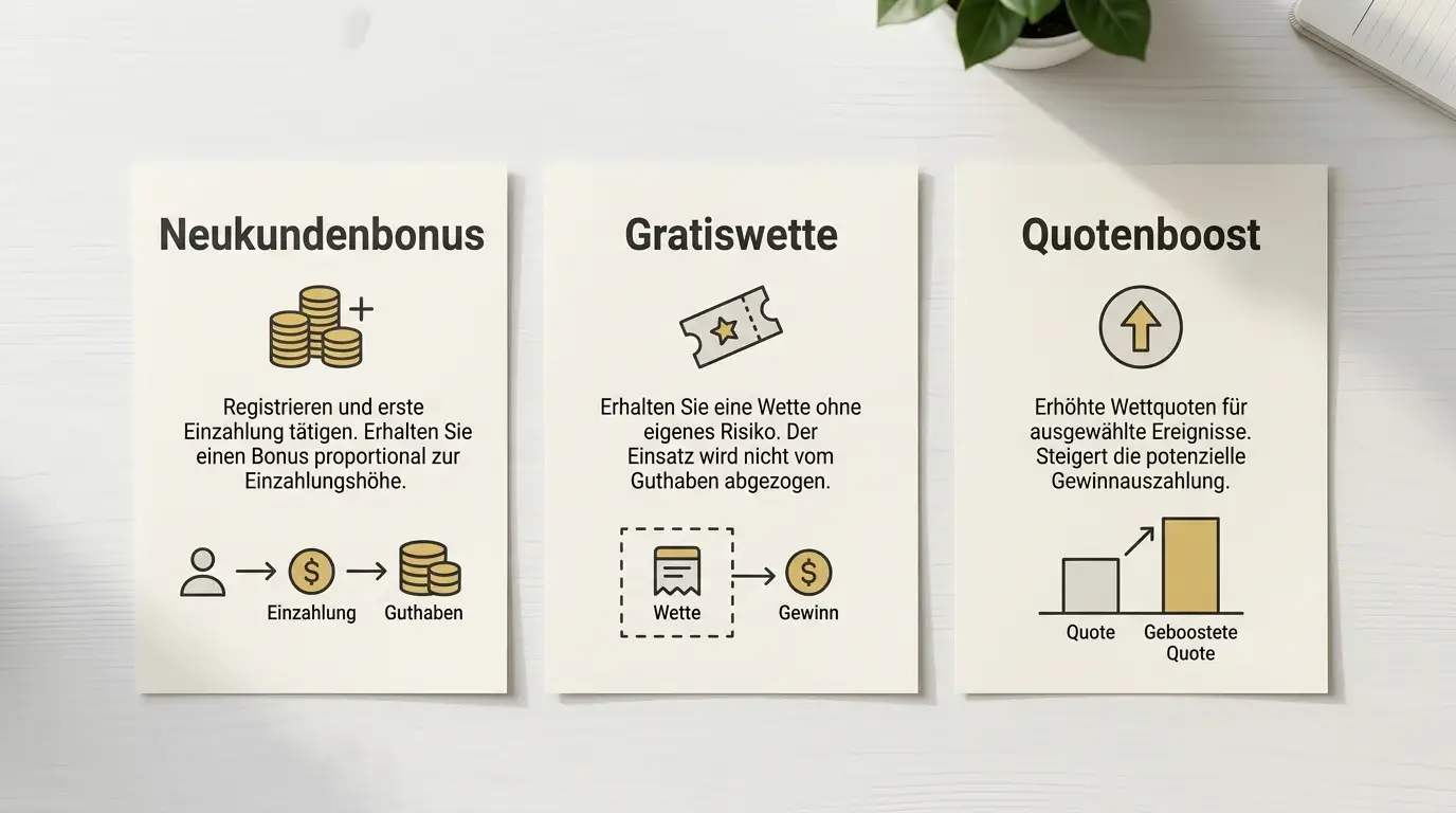Übersicht der Bonus-Typen bei MMA-Buchmachern: Neukundenbonus, Gratiswette und Quotenboost im Vergleich