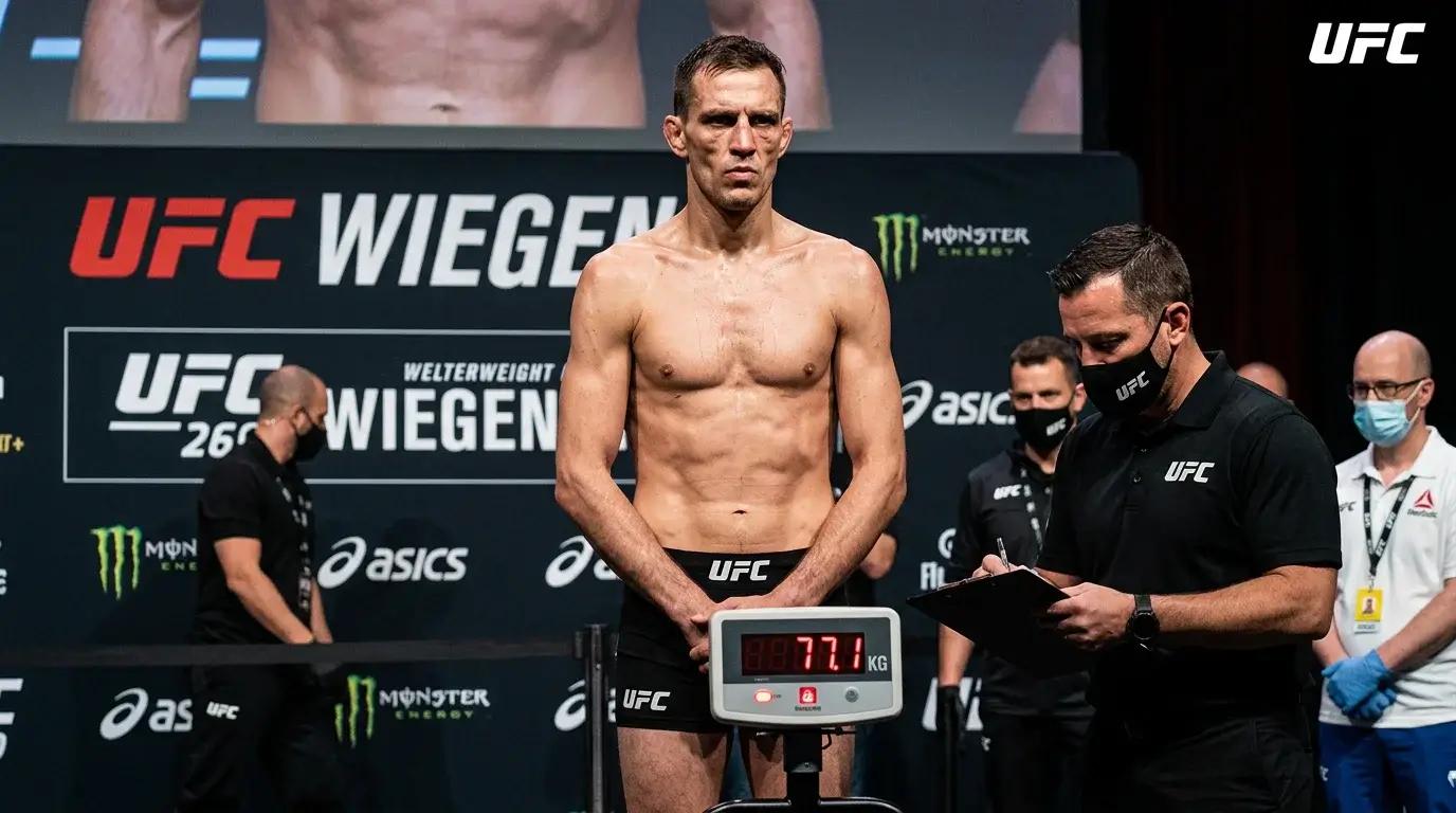 Weight Cut MMA Wetten: UFC-Kämpfer bei der Gewichtsabnahme vor dem offiziellen Wiegen mit Waage